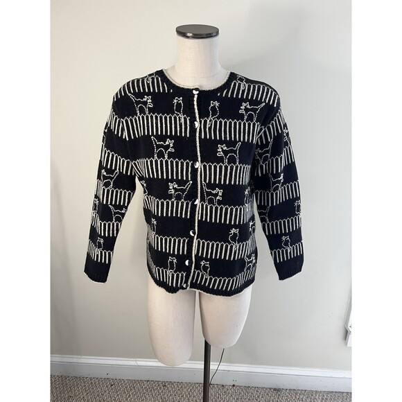 Talbots Cat Print Button Cardigan SM Fairy Quirky Whimsical Cozy - Picture 2 of 8